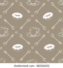 Seamless pattern with hand drawn sketchy tea and coffee cups. Coffee break tiling background.
