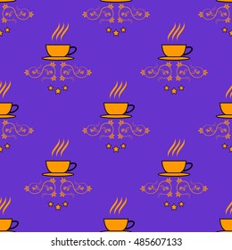 Seamless pattern with hand drawn sketchy tea and coffee cups. Coffee break tiling background.