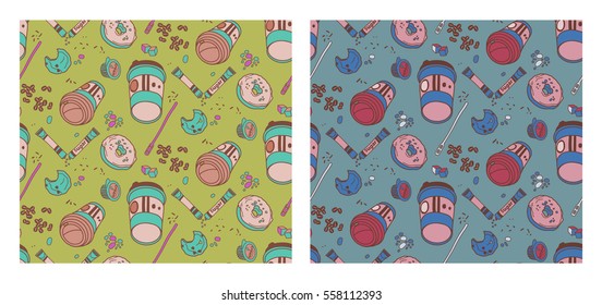 Seamless pattern with hand drawn sketchy coffee cups. Coffee break colorful tiling background.