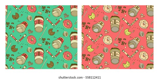 Seamless pattern with hand drawn sketchy coffee cups. Coffee break colorful tiling background.
