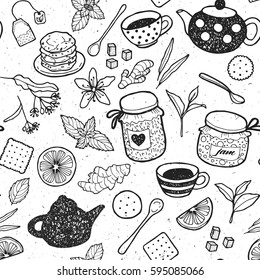 Seamless pattern hand drawn sketchy tea theme related elements. Tea break design background with teapot, jam, sweets, lemon, green mint