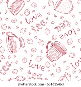 Seamless pattern with hand drawn sketchy tea and coffee cups. Tea break tiling background.