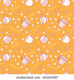Seamless pattern with hand drawn sketchy tea and coffee cups. Tea break tiling background on yellow.
