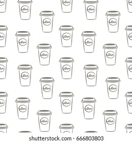 Seamless pattern with hand drawn sketchy tea and coffee cups on lined notepaper background. Coffee break colorful tiling backdrop.