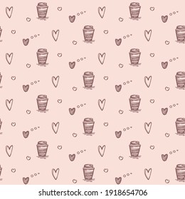 Seamless pattern, hand drawn sktetch doodle elements, love and coffee collection