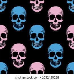 Seamless pattern with hand drawn skulls. Vector Illustration