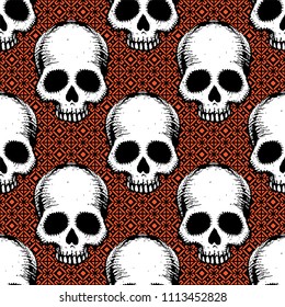 Seamless pattern with hand drawn skulls. Vector Illustration