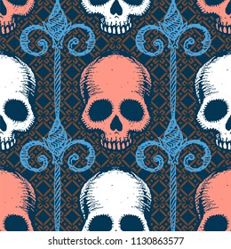 Seamless pattern with hand drawn skulls. Vector Illustration