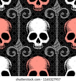 Seamless pattern with hand drawn skulls. Vector Illustration