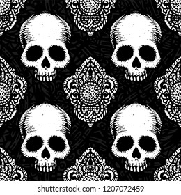 Seamless pattern with hand drawn skulls. Vector Illustration