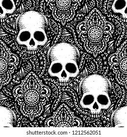 Seamless pattern with hand drawn skulls. Vector Illustration