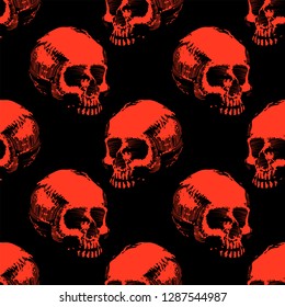 Seamless pattern with hand drawn skulls. Vector Illustration