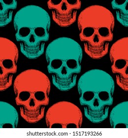 Seamless pattern with hand drawn skulls. Vector Illustration