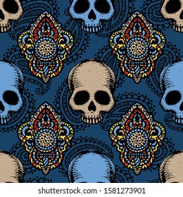 Seamless pattern with hand drawn skulls. Vector Illustration