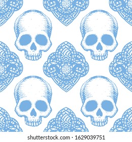 Seamless pattern with hand drawn skulls. Vector Illustration