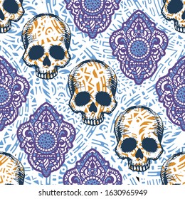 Seamless pattern with hand drawn skulls. Vector Illustration