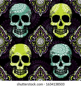 Seamless pattern with hand drawn skulls. Vector Illustration