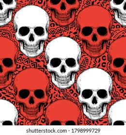 Seamless pattern with hand drawn skulls. Vector Illustration