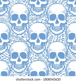 Seamless pattern with hand drawn skulls. Vector Illustration