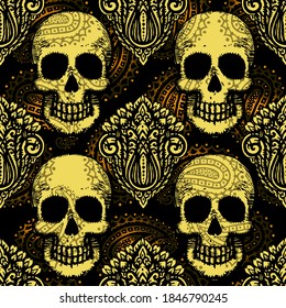 Seamless pattern with hand drawn skulls. Vector Illustration