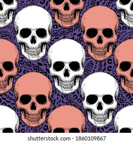 Seamless pattern with hand drawn skulls. Vector Illustration