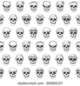 Seamless pattern hand drawn skulls with hats. Vector illustration for backgrounds, card, posters, banners, textile prints, cover, web design