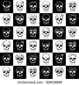 Seamless pattern hand drawn skulls with hats. Vector illustration on squared pattern for backgrounds, card, posters, banners, textile prints, cover, web design