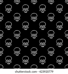 Seamless pattern with hand drawn skulls on a black background. Vector Illustration