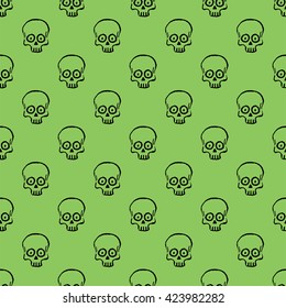 Seamless pattern with hand drawn skulls on a green flash background. Vector Illustration