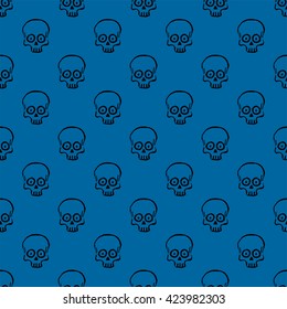 Seamless pattern with hand drawn skulls on a snorkel blue background. Vector Illustration