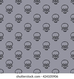 Seamless pattern with hand drawn skulls on a lilac grey background. Vector Illustration