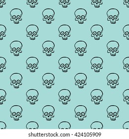 Seamless pattern with hand drawn skulls on a limpet shell background. Vector Illustration