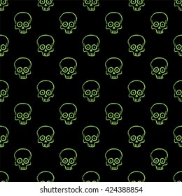 Seamless pattern with hand drawn skulls on a black background. Vector Illustration