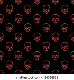 Seamless pattern with hand drawn skulls on a black background. Vector Illustration