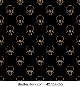 Seamless pattern with hand drawn skulls on a black background. Vector Illustration