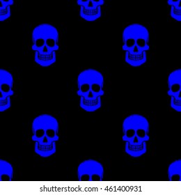 Seamless pattern with hand drawn skulls on a black background. Vector Illustration