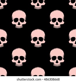 Seamless pattern with hand drawn skulls on a black background. Vector Illustration