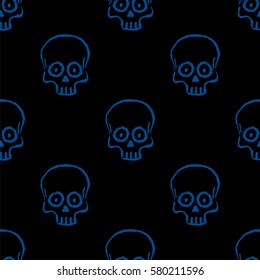 Seamless pattern with hand drawn skulls. Lapis Blue and black color. Vector Illustration