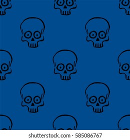 Seamless pattern with hand drawn skulls. Lapis Blue color. Vector Illustration