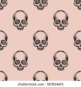 Seamless pattern with hand drawn skulls. Pale Dogwood color. Vector Illustration