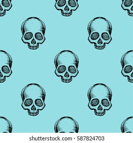 Seamless pattern with hand drawn skulls. Island Paradise color. Vector Illustration