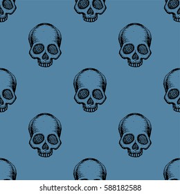 Seamless pattern with hand drawn skulls. Niagara and black color. Vector Illustration