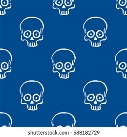 Seamless pattern with hand drawn skulls. Lapis Blue and white color. Vector Illustration