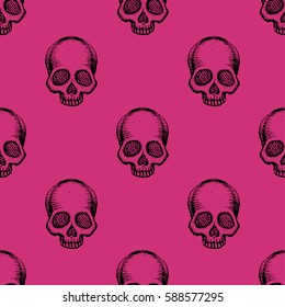 Seamless pattern with hand drawn skulls. Pink Yarrow color. Vector Illustration