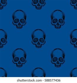 Seamless pattern with hand drawn skulls. Lapis Blue color. Vector Illustration