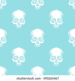 Seamless pattern with hand drawn skulls. Island Paradise and white color. Vector Illustration