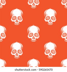 Seamless pattern with hand drawn skulls. Flame and white color. Vector Illustration
