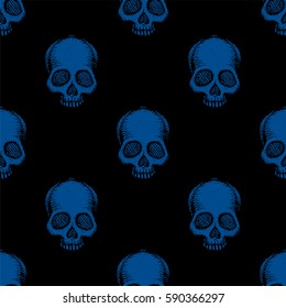 Seamless pattern with hand drawn skulls. Lapis Blue and black color. Vector Illustration