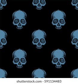 Seamless pattern with hand drawn skulls. Niagara and black color. Vector Illustration