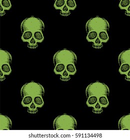 Seamless pattern with hand drawn skulls. Greenery and black color. Vector Illustration